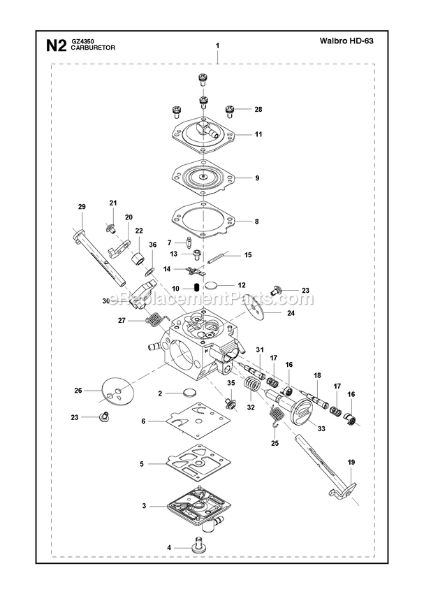 Carburetor Details Diagram and Parts List for GZ4350  RedMax Chainsaw