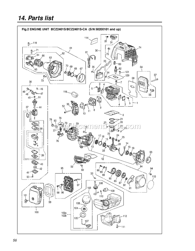 Engine Diagram and Parts List for BCZ2401S 50200101 AND UP RedMax Edger