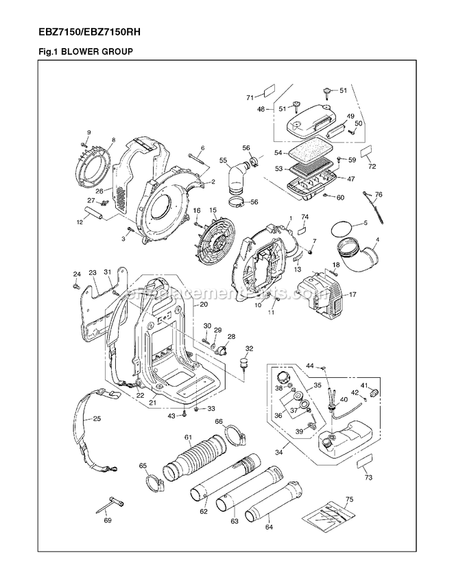 Housing Diagram and Parts List for EBZ7150RH (966363201)(90700101 AND UP) RedMax Leaf Blower / Vacuum