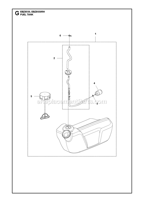 Fuel Tank Diagram and Parts List for EBZ8550 EBZ8550RH RedMax Leaf Blower / Vacuum