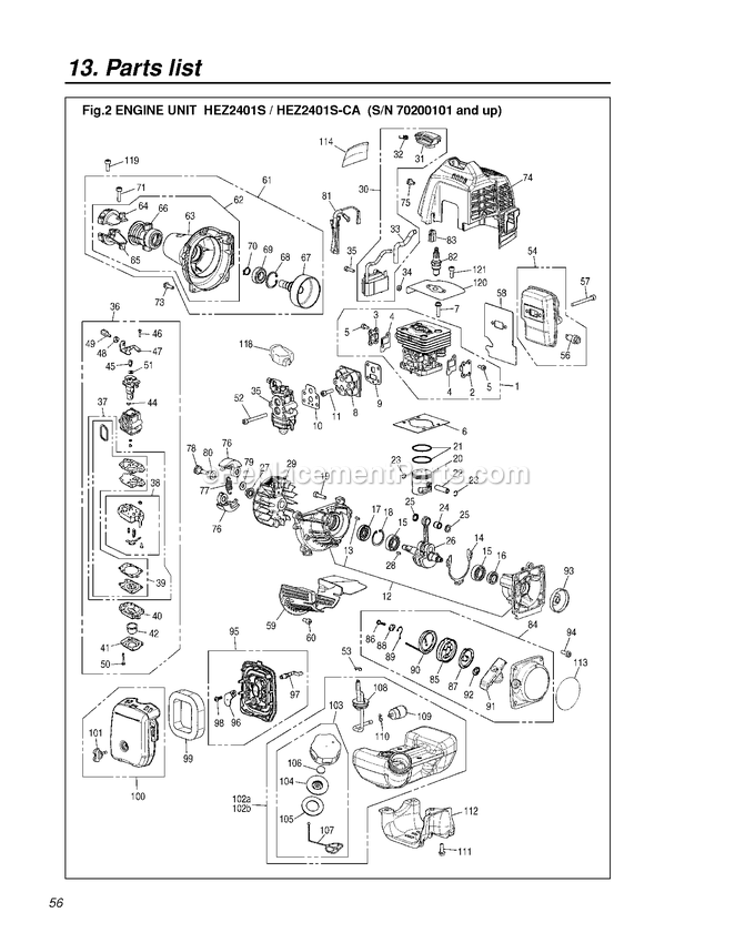 Engine Diagram and Parts List for HEZ2401S 70200101 AND UP RedMax Edger