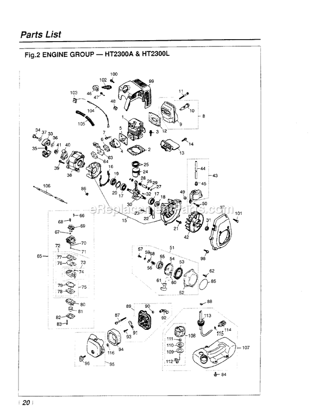 Engine Diagram and Parts List for HT2300L 968060 AND UP RedMax Hedge Trimmer