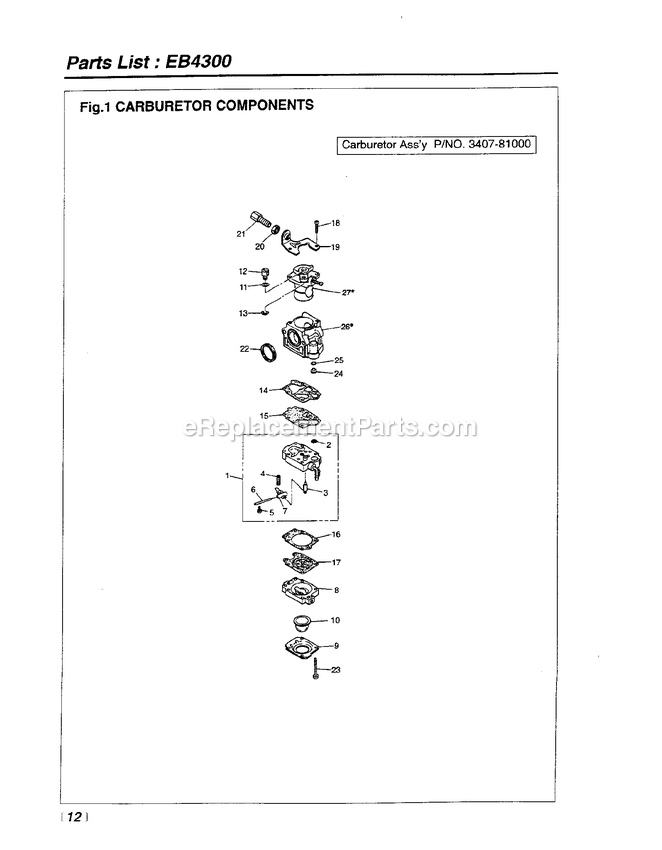 Carburetor Diagram and Parts List for EB4300 700001 AND UP RedMax Leaf Blower / Vacuum