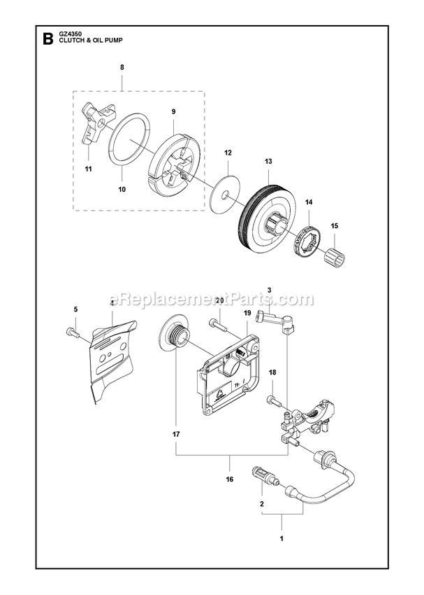 Clutch And Oil Pump Diagram and Parts List for GZ4350  RedMax Chainsaw