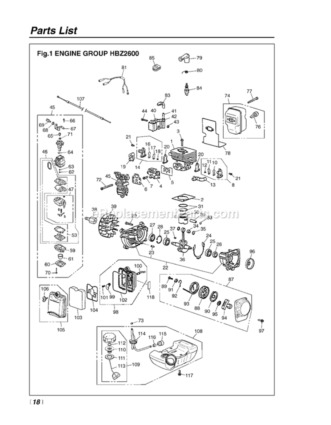 Engine Diagram and Parts List for HBZ2600 50200101 AND UP RedMax Leaf Blower / Vacuum