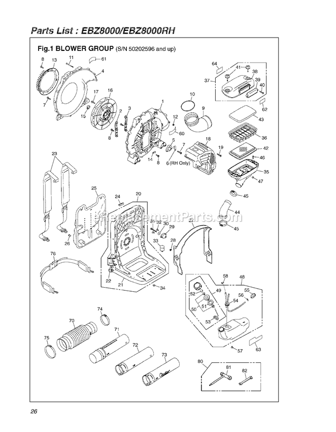 Frame Diagram and Parts List for EBZ8000RH 50202596 - 50804216 RedMax Leaf Blower / Vacuum