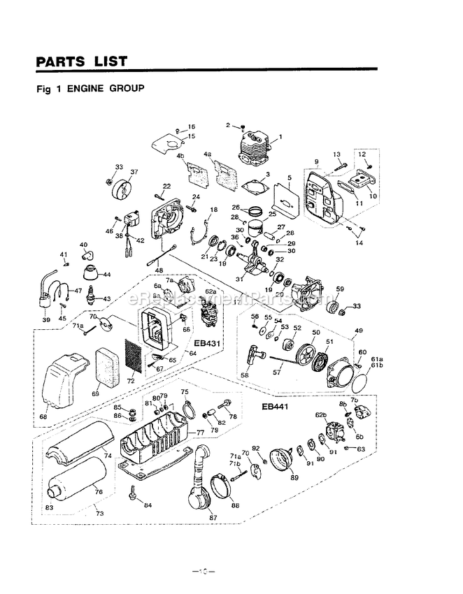 Engine Diagram and Parts List for EB441 600000 AND UP RedMax Leaf Blower / Vacuum