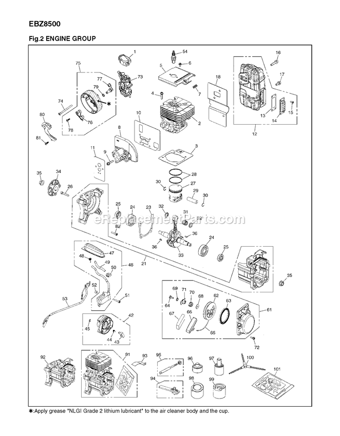 Engine Diagram and Parts List for EBZ8500 (10200101 AND UP)(2012-08) RedMax Leaf Blower / Vacuum