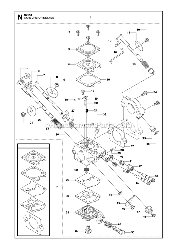 Carburetor Details Diagram and Parts List for GZ550  RedMax Chainsaw