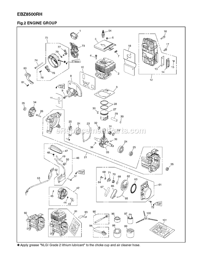 Engine Diagram and Parts List for EBZ8500RH (10200101 AND UP)(2014-04) RedMax Leaf Blower / Vacuum
