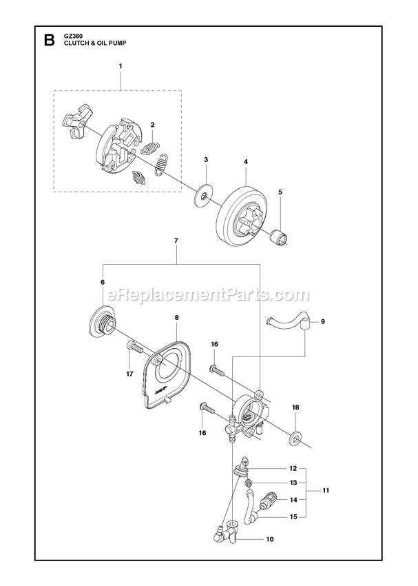 Clutch And Oil Pump Diagram and Parts List for GZ360  RedMax Chainsaw