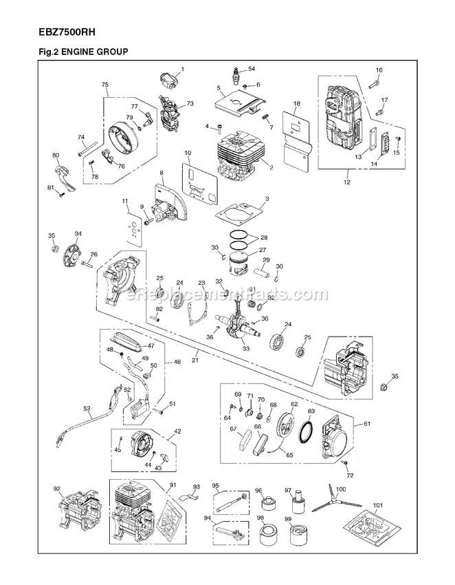 Engine Diagram and Parts List for EBZ7500RH (966709901)(01200101 AND UP) RedMax Leaf Blower / Vacuum