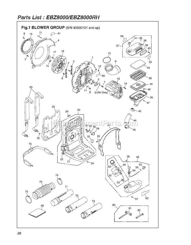 Frame Diagram and Parts List for EBZ8000RH 40500101 - 50099999 RedMax Leaf Blower / Vacuum
