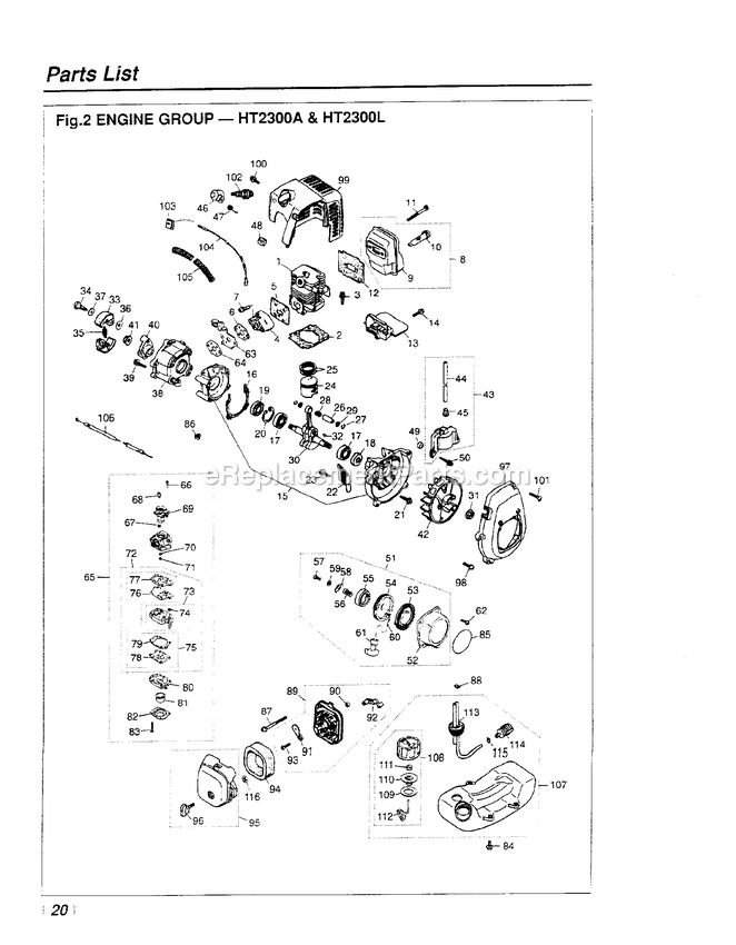 Engine Diagram and Parts List for HT2300A 968060 AND UP RedMax Hedge Trimmer