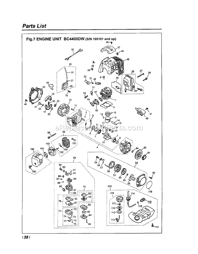 Engine Diagram and Parts List for BC4400DW 100101 - 980100 RedMax Brush Cutter