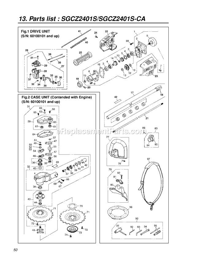 Drive Diagram and Parts List for SGCZ2401S 60100101 AND UP RedMax Edger
