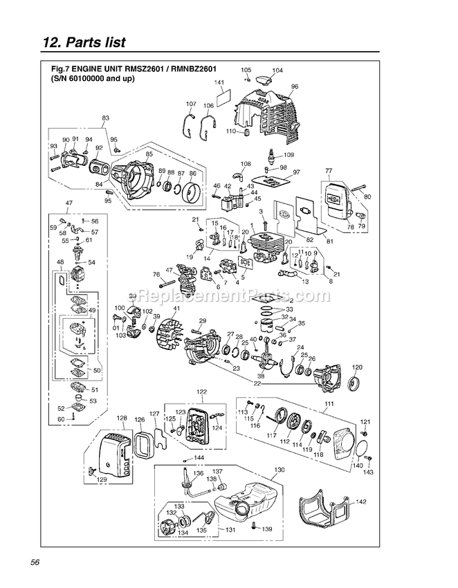 Engine Diagram and Parts List for RMSZ2601 60100000 AND UP RedMax Leaf Blower / Vacuum