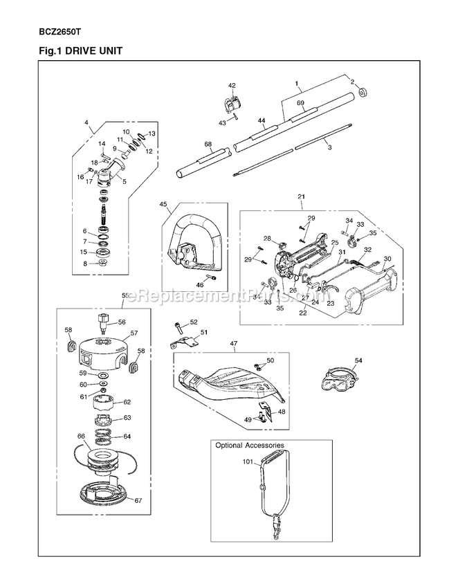 Drive Diagram and Parts List for BCZ2650T 91001001 AND UP RedMax Edger