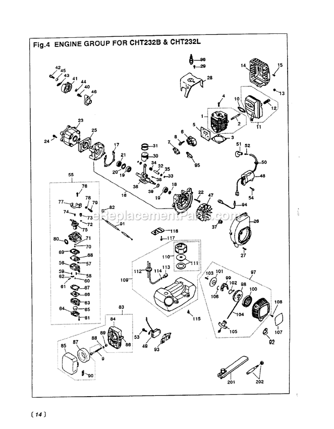 Engine Diagram and Parts List for CHT232L 000001 AND UP RedMax Hedge Trimmer