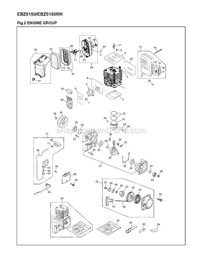 Engine Diagram and Parts List for EBZ5150 (966358301)(90100101 AND UP) RedMax Leaf Blower / Vacuum