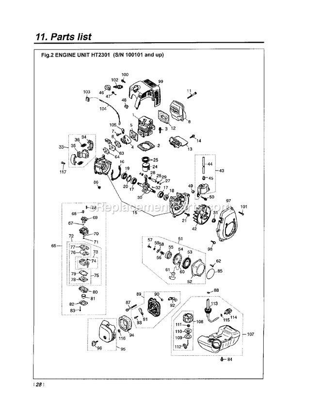 Engine Diagram and Parts List for HT2301 100101 AND UP RedMax Hedge Trimmer