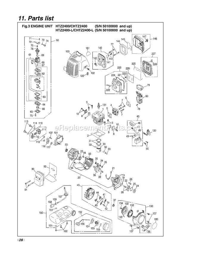 Engine Diagram and Parts List for CHTZ2400 50100000 AND UP RedMax Hedge Trimmer