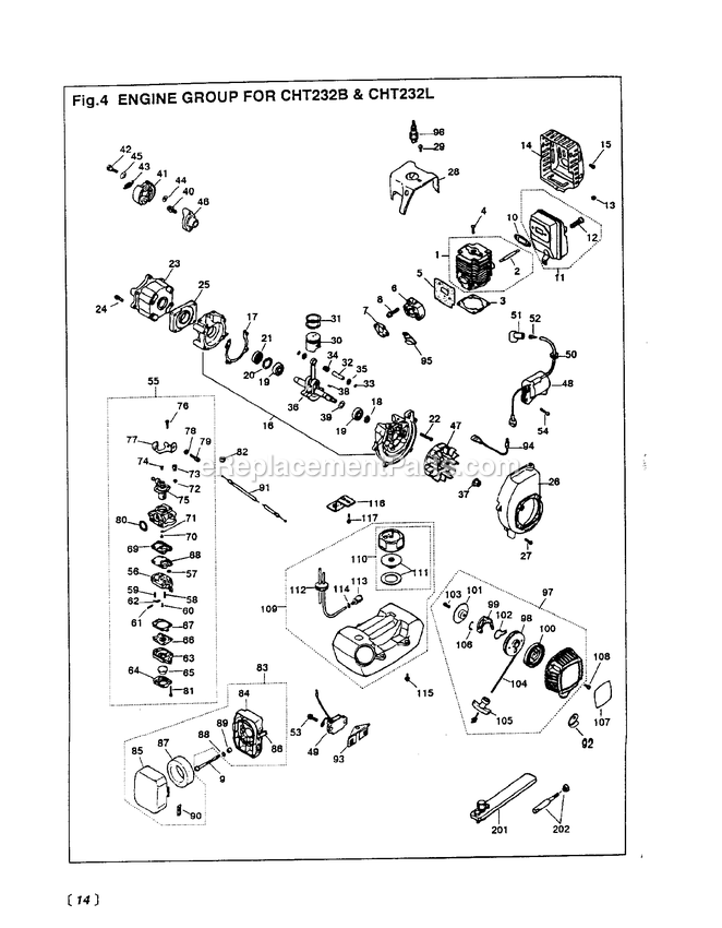 Engine Diagram and Parts List for CHT232B 000001 AND UP RedMax Hedge Trimmer