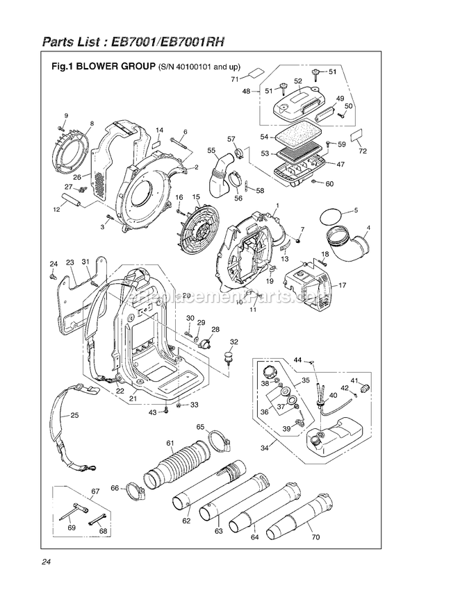 Assembly 1 Diagram and Parts List for EB7001 40100101 AND UP RedMax Leaf Blower / Vacuum