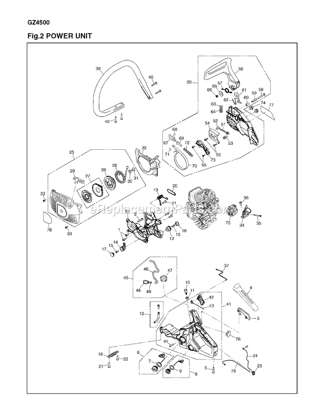 Housing Diagram and Parts List for GZ4500 600101 AND UP RedMax Chainsaw