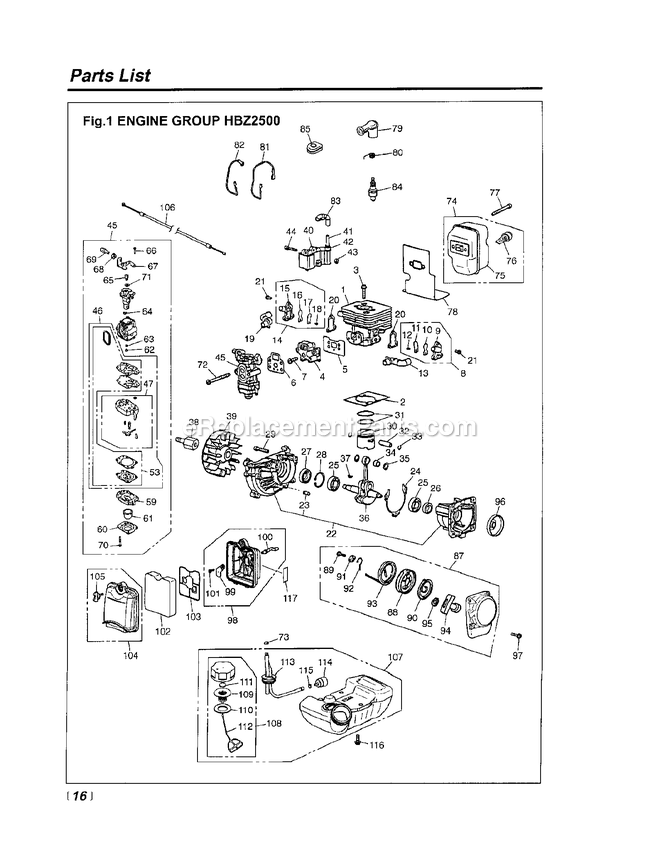 Engine Diagram and Parts List for HBZ2500 100101 AND UP RedMax Leaf Blower / Vacuum
