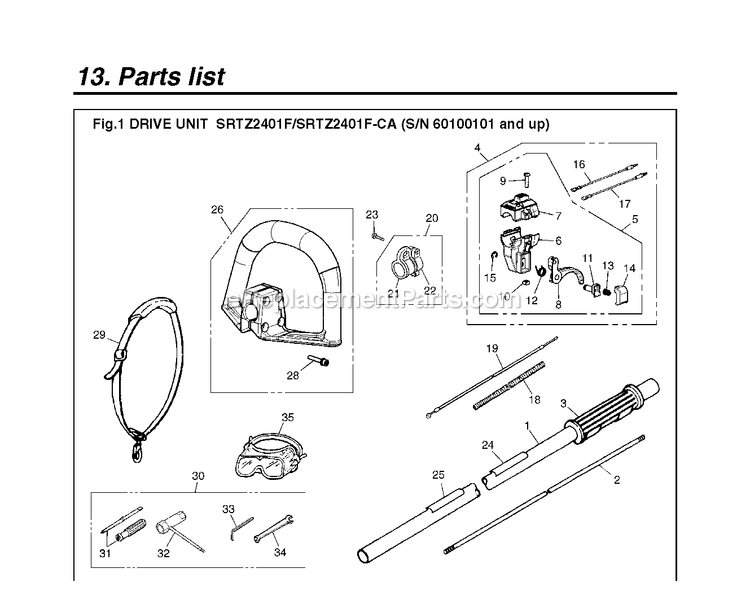 Handle And Controls Diagram and Parts List for SRTZ2401F 60100101 AND UP RedMax Hedge Trimmer