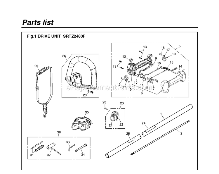 Drive Diagram and Parts List for SRTZ2460F 00100101 AND UP RedMax Hedge Trimmer
