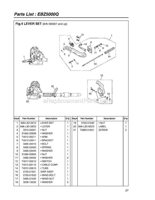 Handle And Controls Diagram and Parts List for EBZ5000Q 50100000 AND UP RedMax Leaf Blower / Vacuum