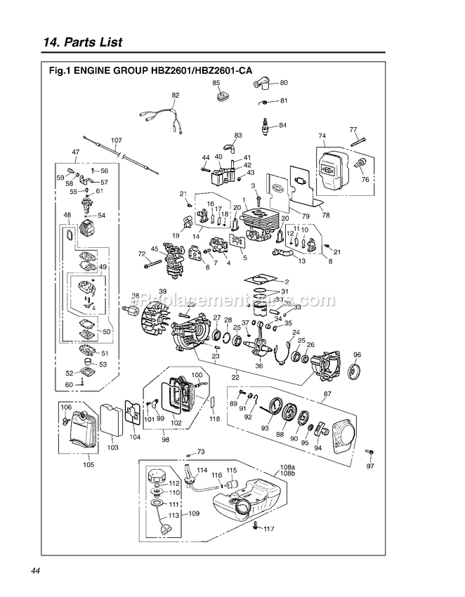 Engine Diagram and Parts List for HBZ2601-CA 60100101 AND UP RedMax Leaf Blower / Vacuum