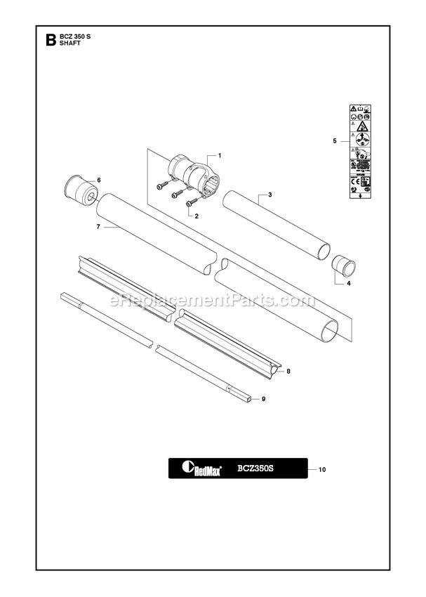 Shaft Diagram and Parts List for BCZ350S  RedMax Brush Cutter