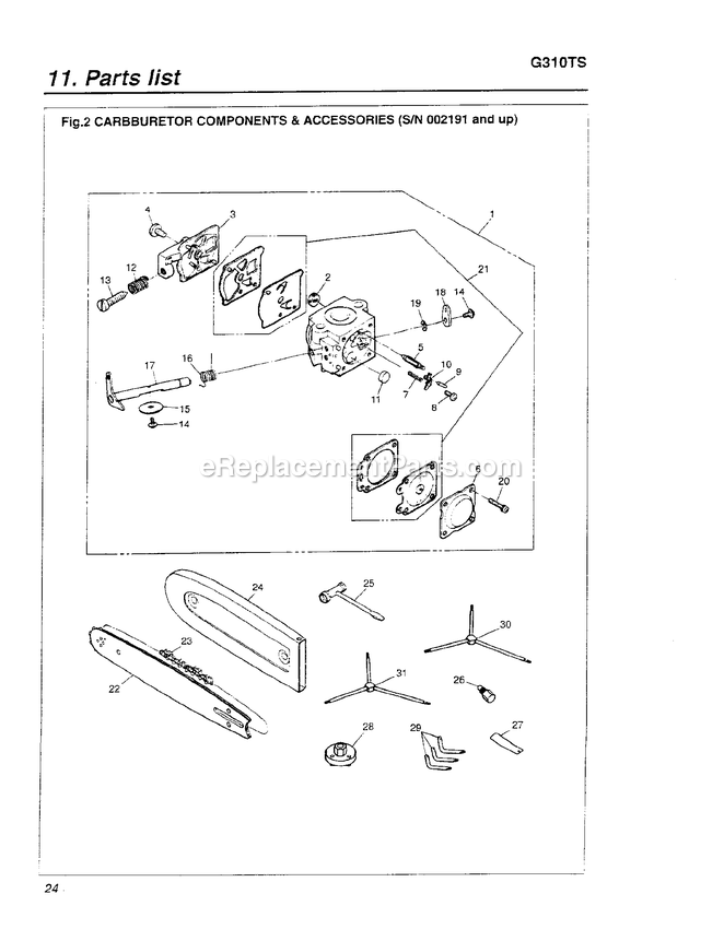Carburetor Diagram and Parts List for G310TS 002191 AND UP RedMax Chainsaw