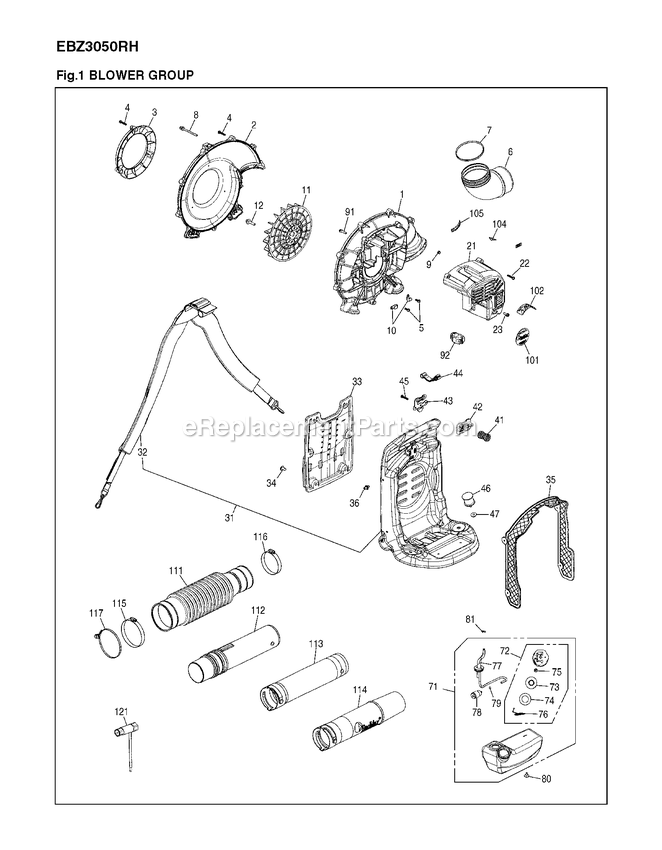Frame Diagram and Parts List for EBZ3050RH 90100101 AND UP RedMax Leaf Blower / Vacuum