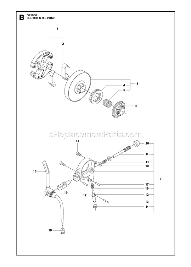 Clutch And Oil Pump Diagram and Parts List for GZ5000  RedMax Chainsaw