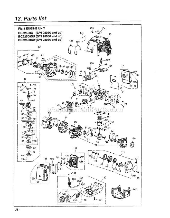Engine Diagram and Parts List for BCZ2500SW 28086 - 35207 RedMax Edger