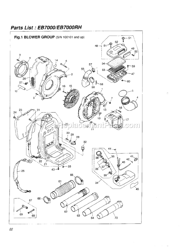 Assembly 1 Diagram and Parts List for EB7000RH 100101 AND UP RedMax Leaf Blower / Vacuum