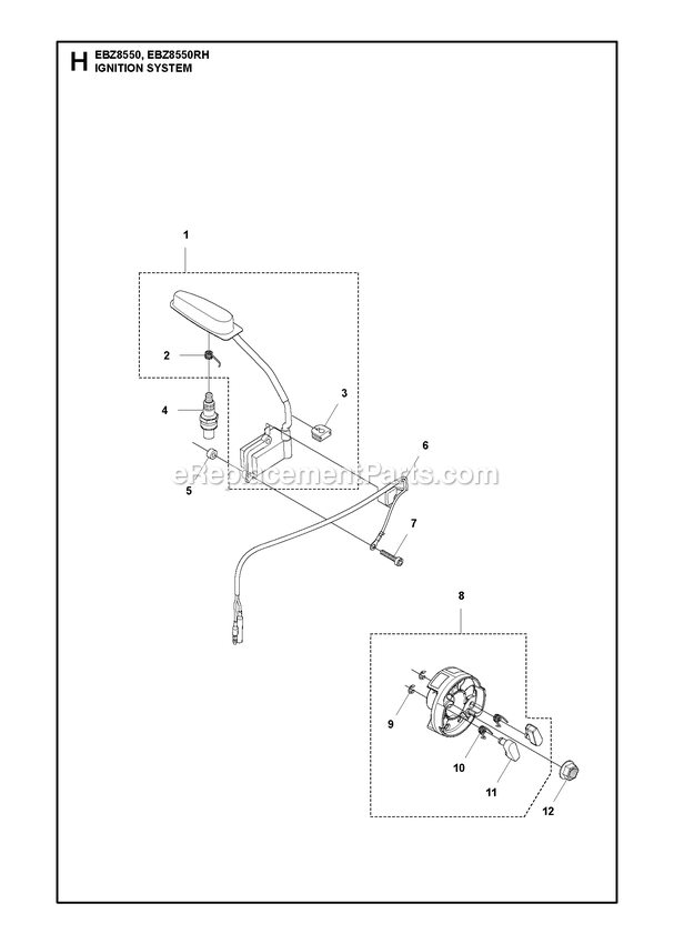 Ignition System Diagram and Parts List for EBZ8550 EBZ8550RH RedMax Leaf Blower / Vacuum