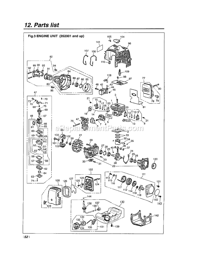 Engine Diagram and Parts List for EXZ2500SLRT 352001 - 50099999 RedMax Hedge Trimmer