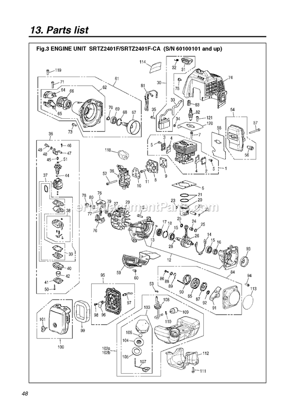 Engine Diagram and Parts List for SRTZ2401F 60100101 AND UP RedMax Hedge Trimmer