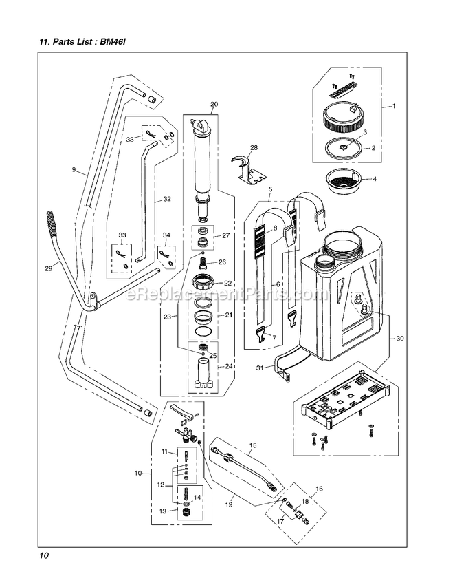 Product Complete Diagram and Parts List for BM46I (574114101)(000001 AND UP) RedMax Sprayer