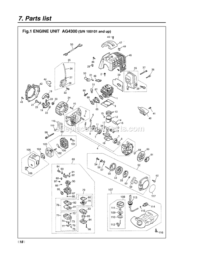 Engine Diagram and Parts List for AG4300 100101 AND UP RedMax Auger