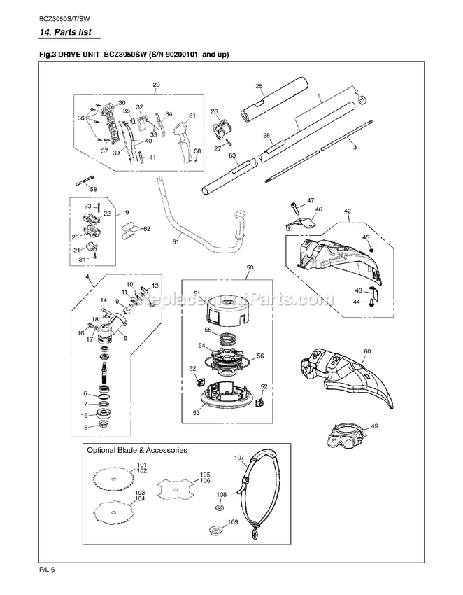 Drive Diagram and Parts List for BCZ3050SW 90200101 - 91000100 RedMax Brush Cutter