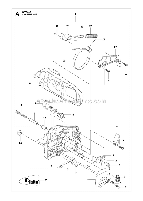 Chain Brake Diagram and Parts List for GZ3500T  RedMax Chainsaw