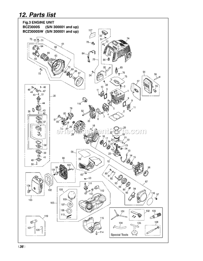 Engine Diagram and Parts List for BCZ3000S 300001 AND UP RedMax Edger