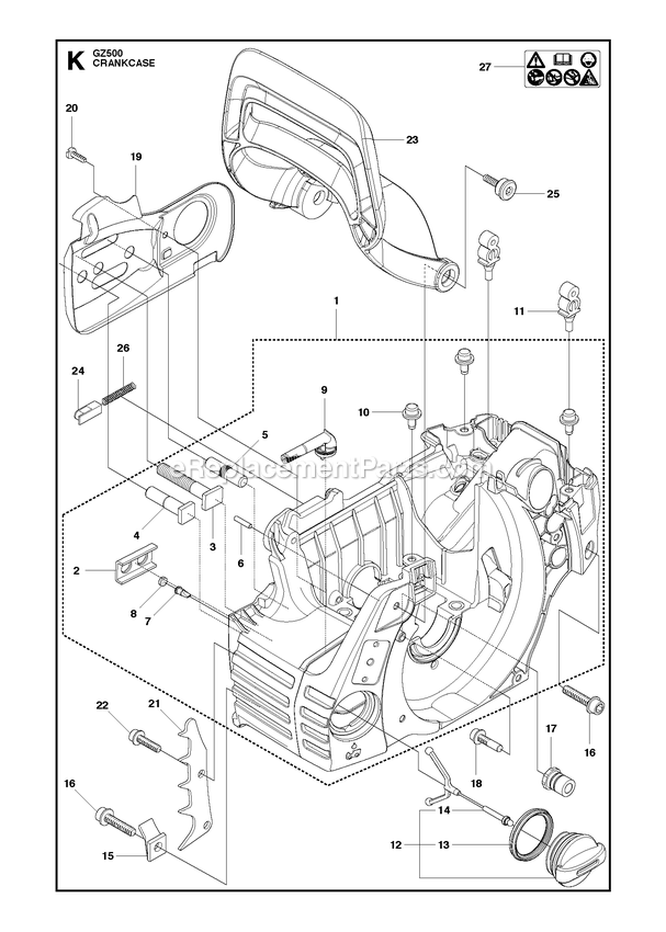 Crankcase Diagram and Parts List for GZ500  RedMax Chainsaw