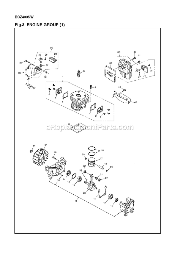 Engine 1 Diagram and Parts List for BCZ400SW (966785601)(000001 AND UP)(2012-08) RedMax Brush Cutter